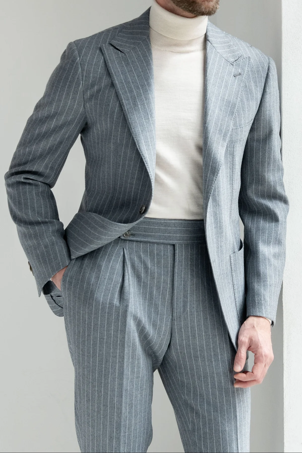 Dusty blue striped 130'S suit - Made in Italy
